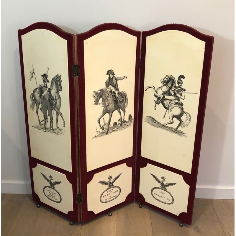 Napoleonic Screen, Fornasetti Style, Red Velvet & Print, French, circa 1940