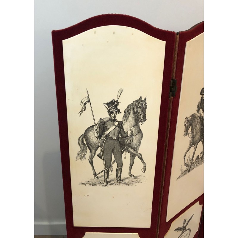 Napoleonic Screen, Fornasetti Style, Red Velvet & Print, French, circa 1940