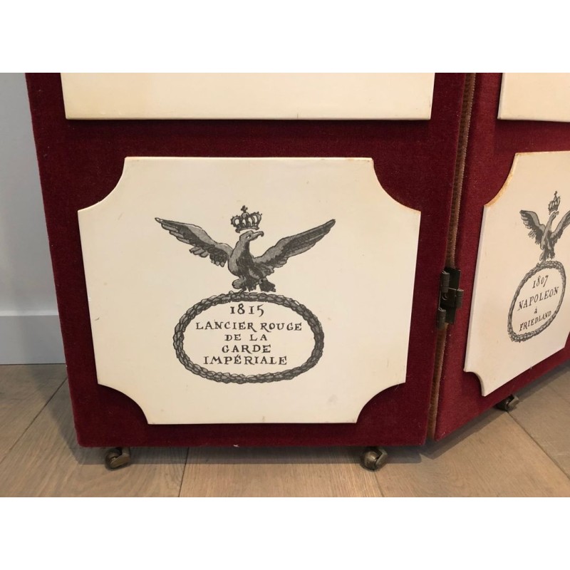 Paravent Napoléonien Fornasetti, Velours Rouge Imprimé, Travail Français, vers 1940