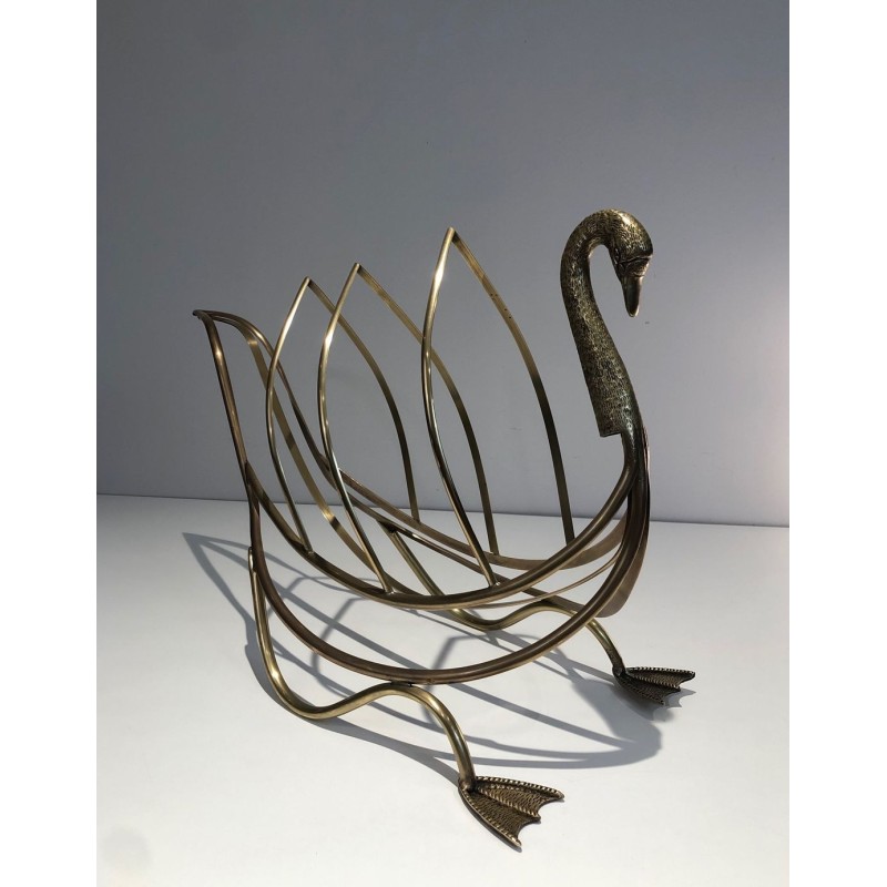 Swan Brass Magazine Rack, Neoclassical, Italian, Jansen Style, circa 1940