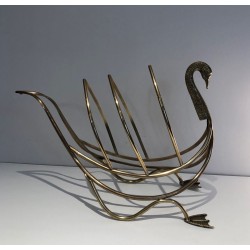 Swan Brass Magazine Rack, Neoclassical, Italian, Jansen Style, circa 1940