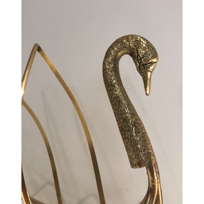 Swan Brass Magazine Rack, Neoclassical, Italian, Jansen Style, circa 1940