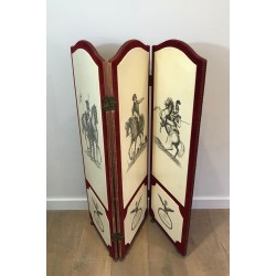 Napoleonic Screen, Fornasetti Style, Red Velvet & Print, French, circa 1940
