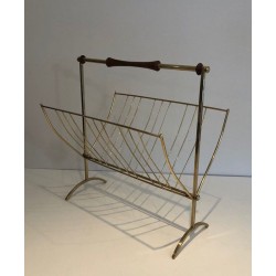 Porte-Revues Pliant Laiton et Bois, Goût Cesare Lacca, Travail Italien, vers 1960