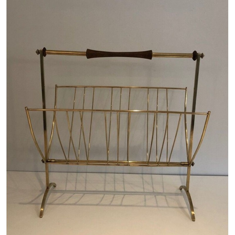 Porte-Revues Pliant Laiton et Bois, Goût Cesare Lacca, Travail Italien, vers 1960
