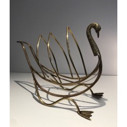 Swan Brass Magazine Rack, Neoclassical, Italian, Jansen Style, circa 1940