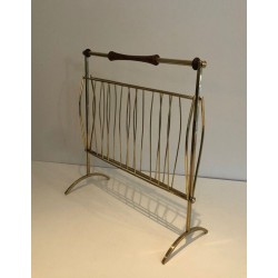 Porte-Revues Pliant Laiton et Bois, Goût Cesare Lacca, Travail Italien, vers 1960