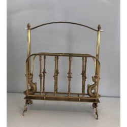 Brass Magazine Rack with Dolphin Heads, Maison Jansen, French, circa 1940
