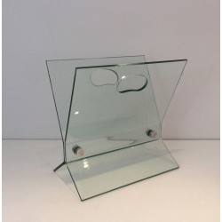Glass & Brushed Steel Magazine Rack, François Arnal Style, French, circa 1970