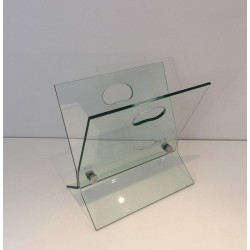 Glass & Brushed Steel Magazine Rack, François Arnal Style, French, circa 1970