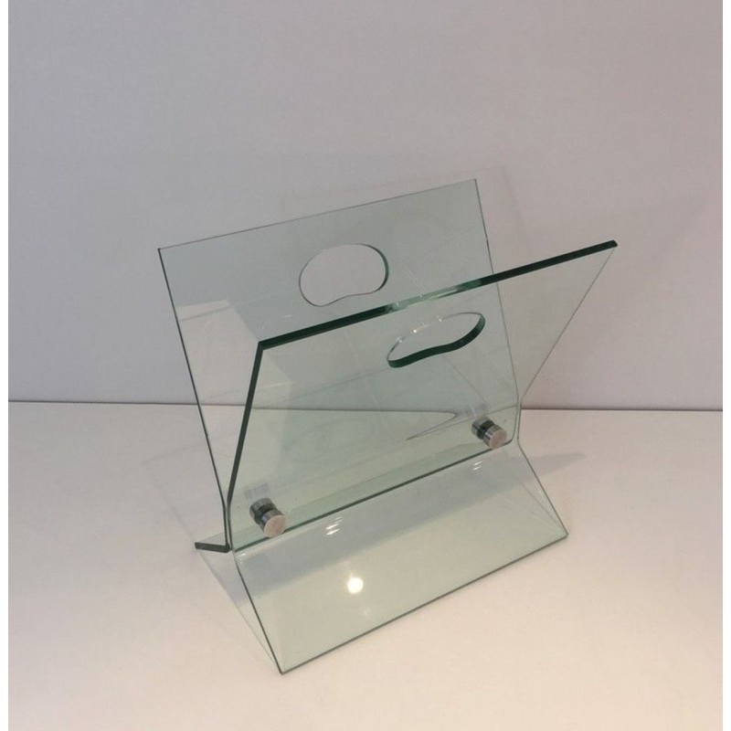 Glass & Brushed Steel Magazine Rack, François Arnal Style, French, circa 1970