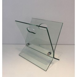 Glass & Brushed Steel Magazine Rack, François Arnal Style, French, circa 1970