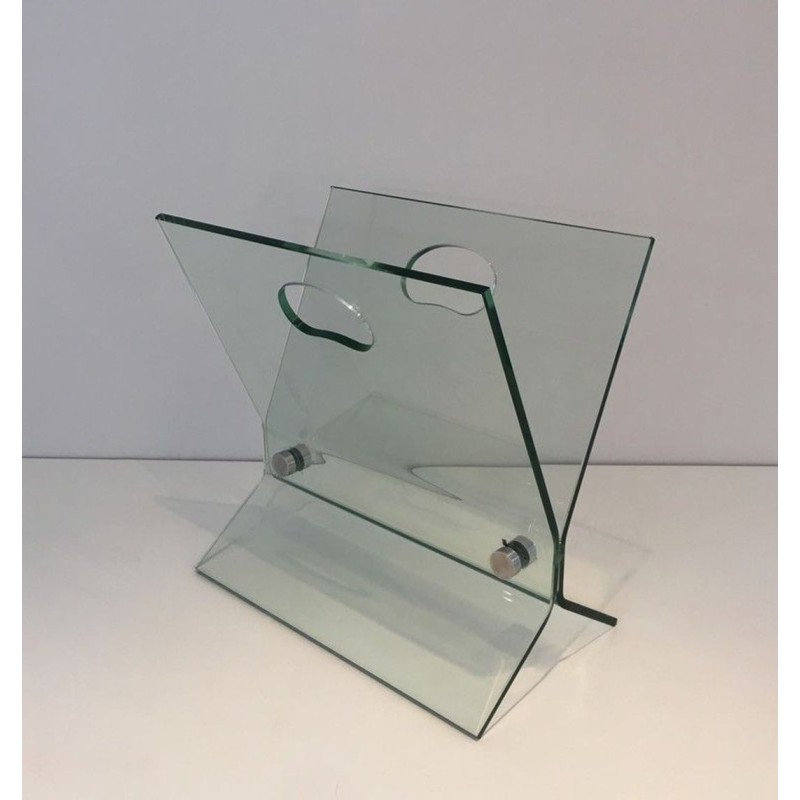 Glass & Brushed Steel Magazine Rack, François Arnal Style, French, circa 1970