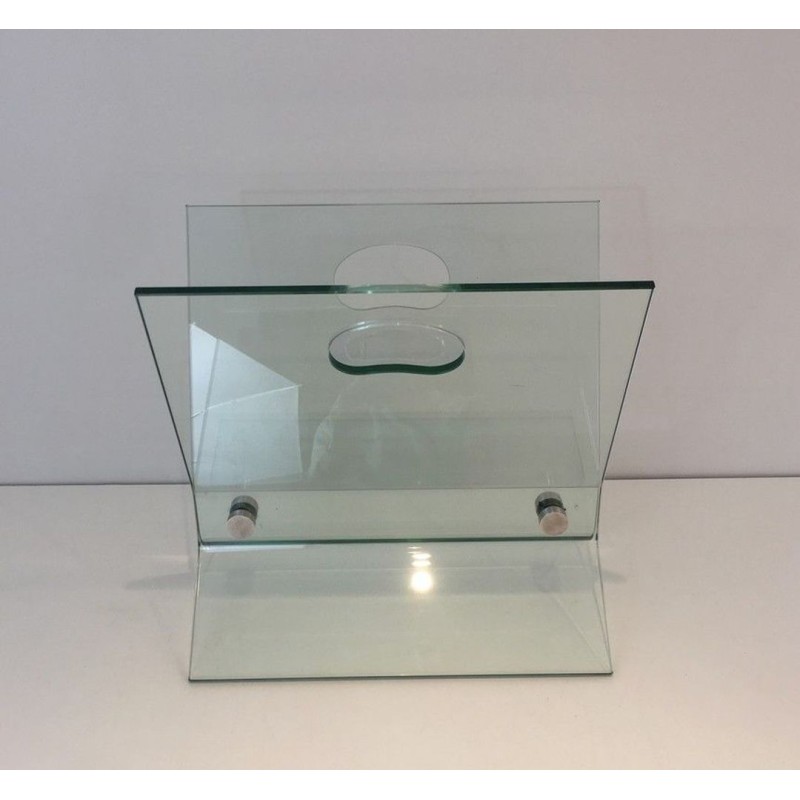 Porte-Revues Verre et Acier Brossé, Goût François Arnal, Travail Français, vers 1970
