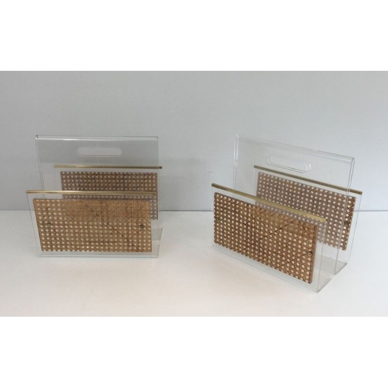 Paire Porte-Revues Plexiglass Laiton Cannage Style Dior-Crespi Français 1970