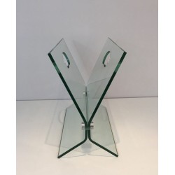 Porte-Revues Verre et Acier Brossé, Goût François Arnal, Travail Français, vers 1970