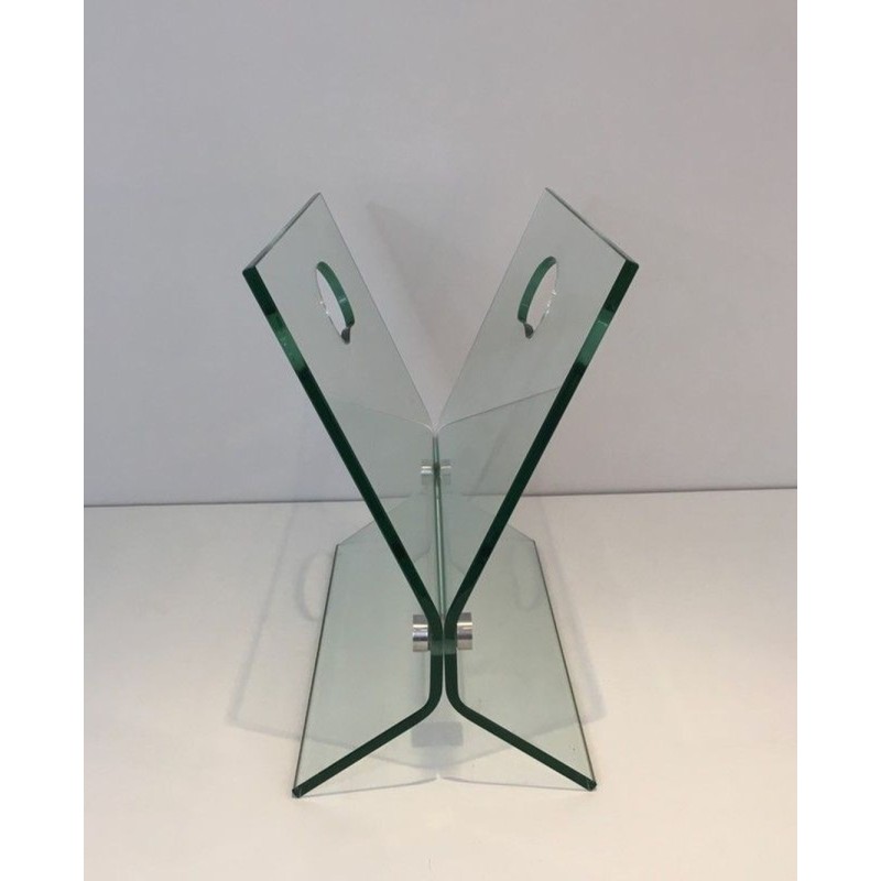 Porte-Revues Verre et Acier Brossé, Goût François Arnal, Travail Français, vers 1970