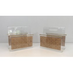 Pair Lucite Brass Cane Magazine Racks Dior-Crespi Style French 1970