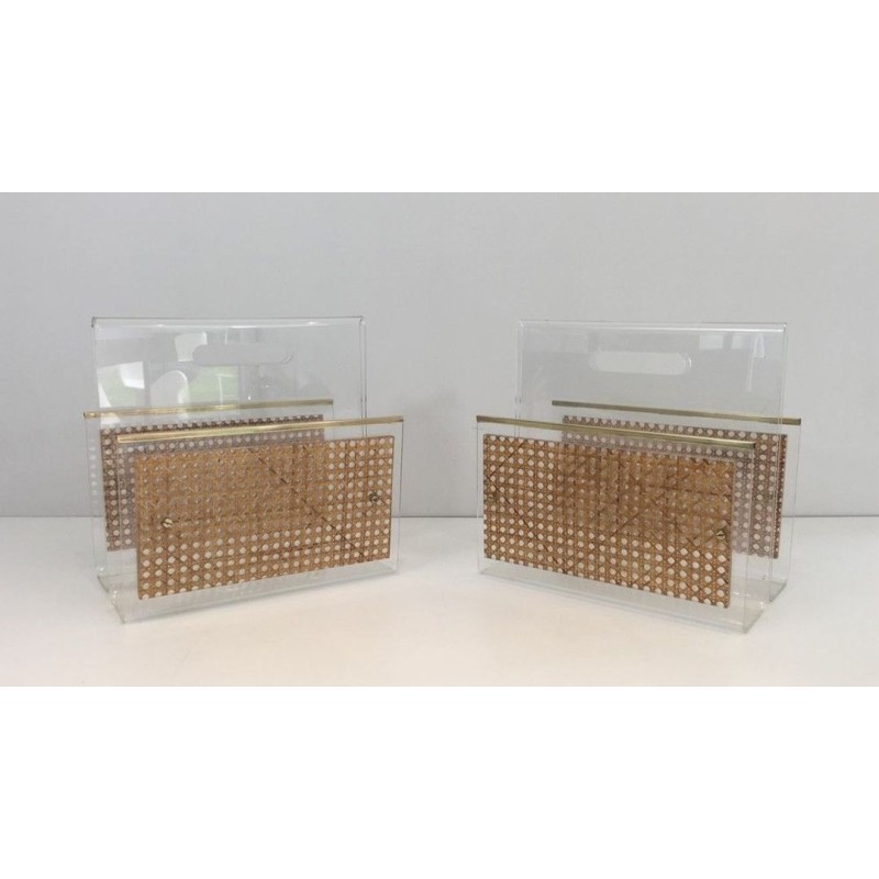 Paire Porte-Revues Plexiglass Laiton Cannage Style Dior-Crespi Français 1970
