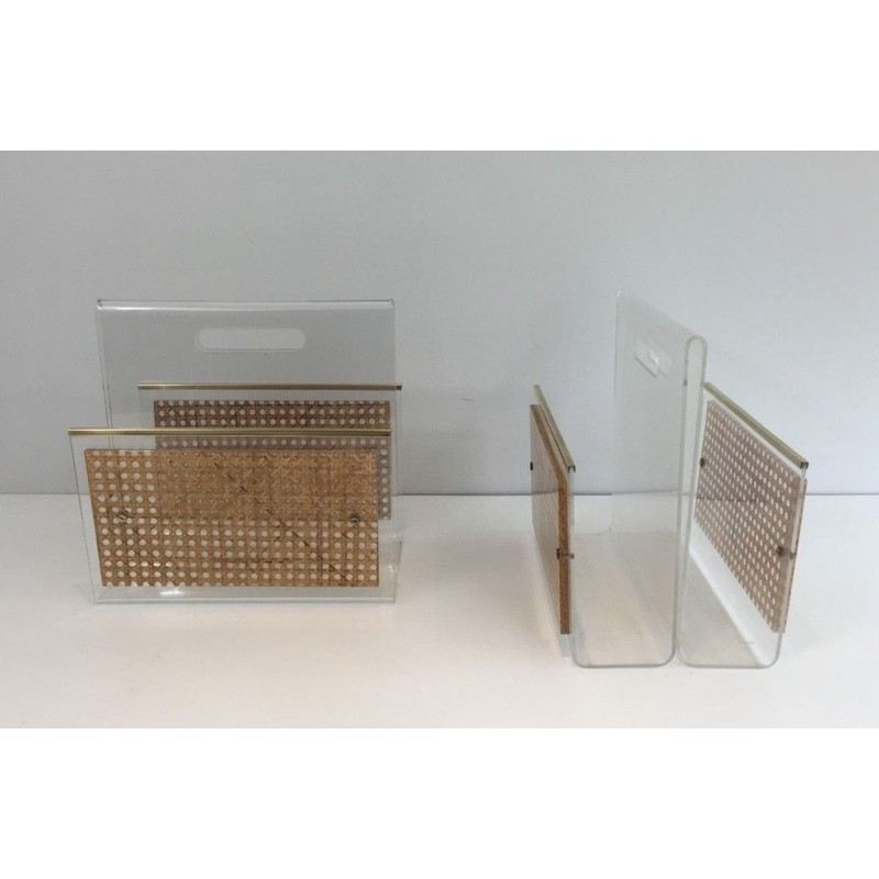 Pair Lucite Brass Cane Magazine Racks Dior-Crespi Style French 1970