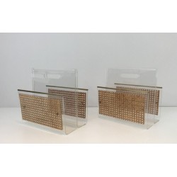 Paire Porte-Revues Plexiglass Laiton Cannage Style Dior-Crespi Français 1970