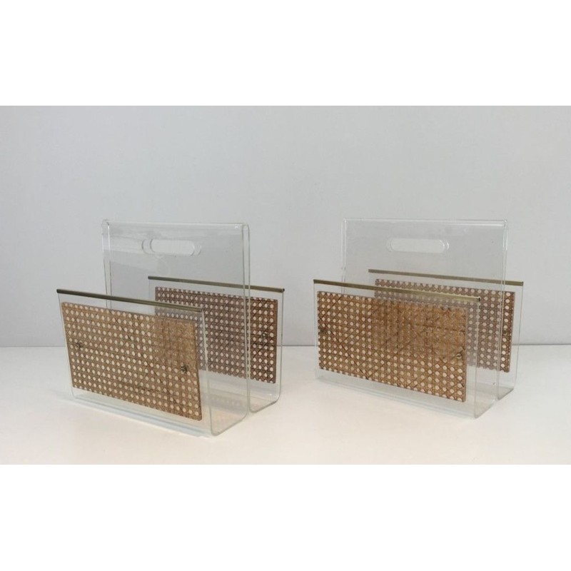 Paire Porte-Revues Plexiglass Laiton Cannage Style Dior-Crespi Français 1970