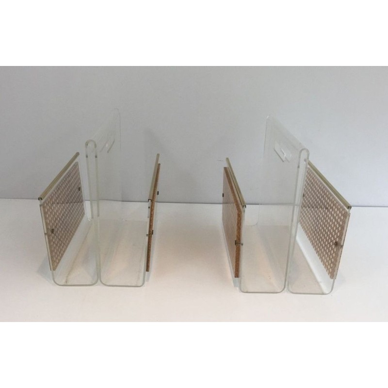 Paire Porte-Revues Plexiglass Laiton Cannage Style Dior-Crespi Français 1970