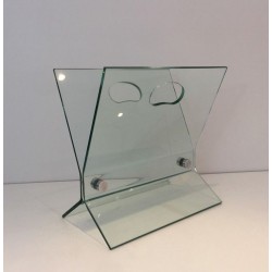 Glass & Brushed Steel Magazine Rack, François Arnal Style, French, circa 1970