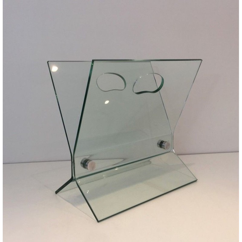 Glass & Brushed Steel Magazine Rack, François Arnal Style, French, circa 1970