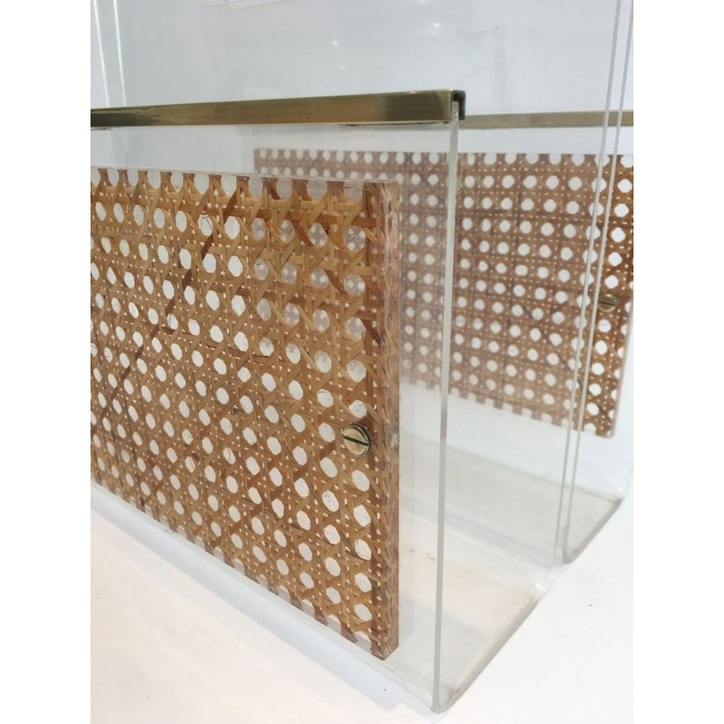 Pair Lucite Brass Cane Magazine Racks Dior-Crespi Style French 1970