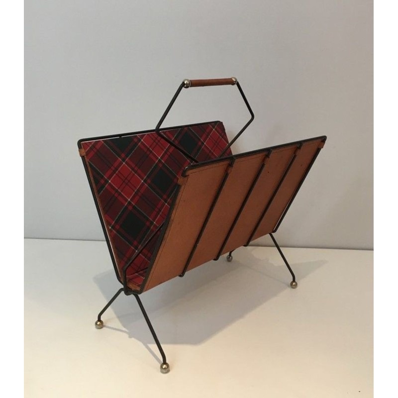 Porte-Revues Métal Laqué Noir Cuir Tissu Carreaux Français 1950