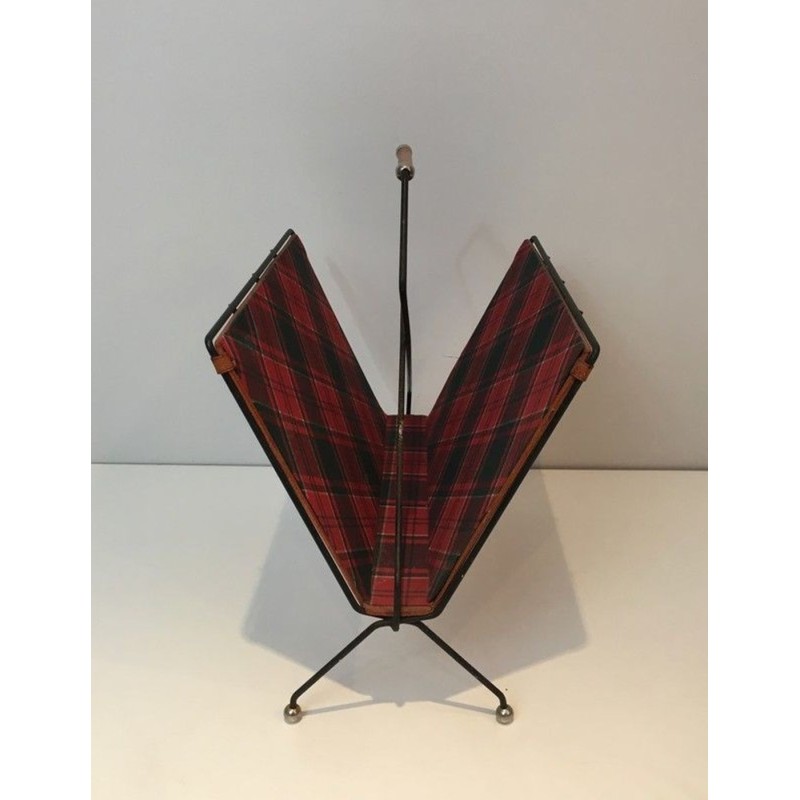 Black Lacquered Metal Leather Checked Fabric Magazine Rack French 1950