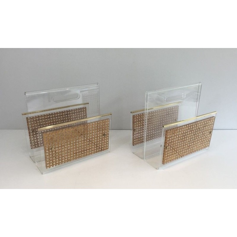 Paire Porte-Revues Plexiglass Laiton Cannage Style Dior-Crespi Français 1970