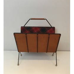 Black Lacquered Metal Leather Checked Fabric Magazine Rack French 1950