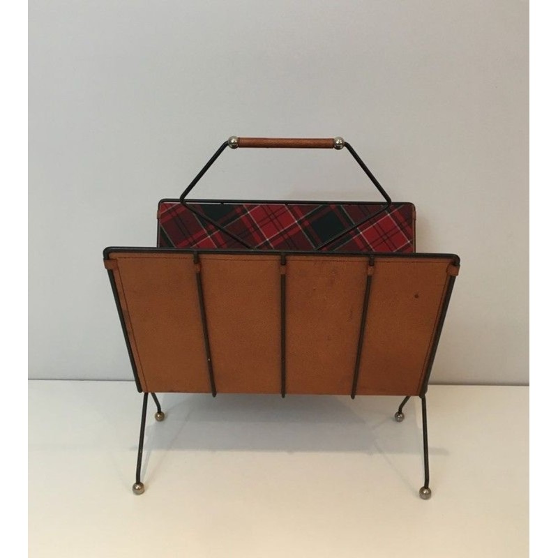 Porte-Revues Métal Laqué Noir Cuir Tissu Carreaux Français 1950
