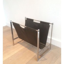 Brushed Steel Leather Magazine Rack Style Poul Kjaerholm Danish 1970
