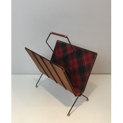 Black Lacquered Metal Leather Checked Fabric Magazine Rack French 1950