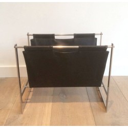 Brushed Steel Leather Magazine Rack Style Poul Kjaerholm Danish 1970