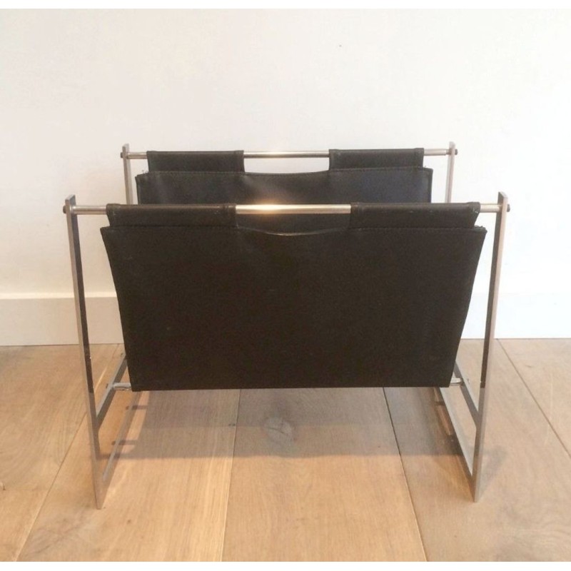 Porte-Revues Acier Brossé Cuir Style Poul Kjærholm Danois 1970