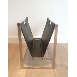 Brushed Steel Leather Magazine Rack Style Poul Kjaerholm Danish 1970