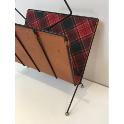 Porte-Revues Métal Laqué Noir Cuir Tissu Carreaux Français 1950