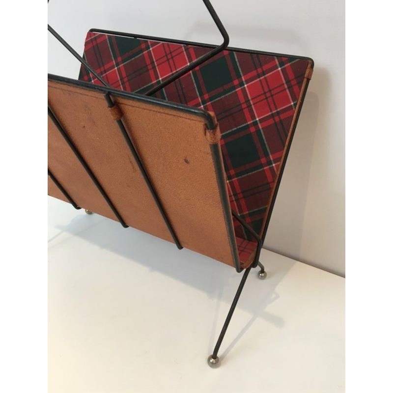 Porte-Revues Métal Laqué Noir Cuir Tissu Carreaux Français 1950