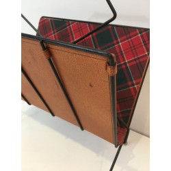 Black Lacquered Metal Leather Checked Fabric Magazine Rack French 1950