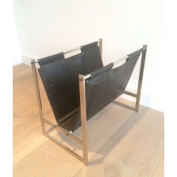 Porte-Revues Acier Brossé Cuir Style Poul Kjærholm Danois 1970
