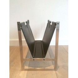 Brushed Steel Leather Magazine Rack Style Poul Kjaerholm Danish 1970