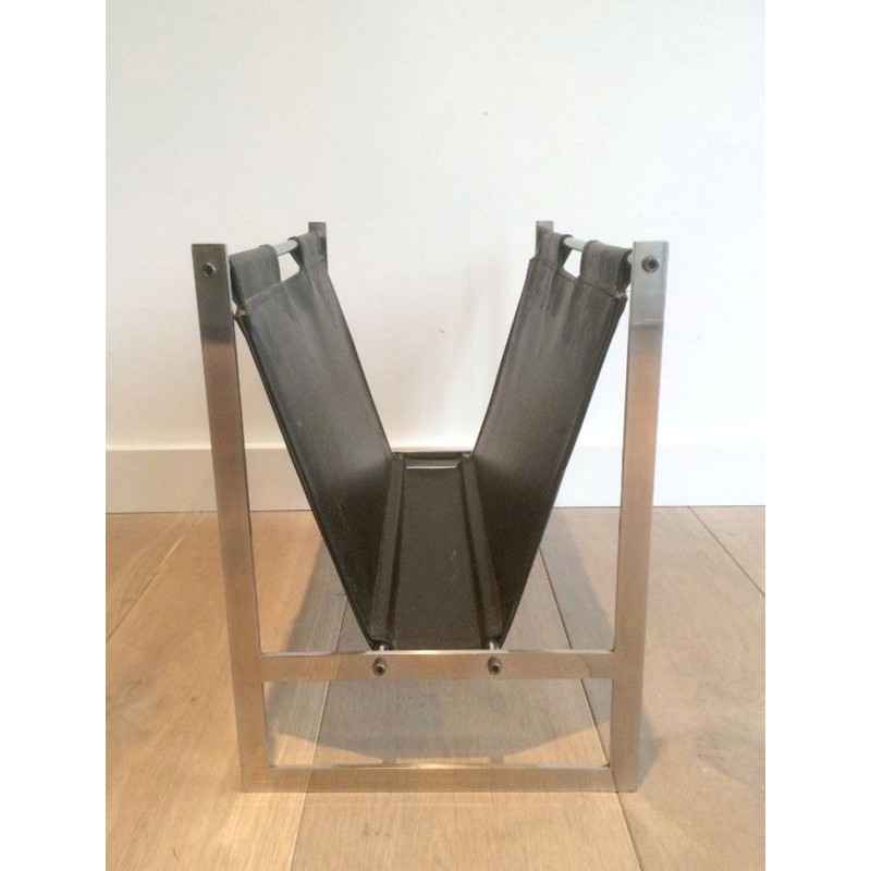 Porte-Revues Acier Brossé Cuir Style Poul Kjærholm Danois 1970