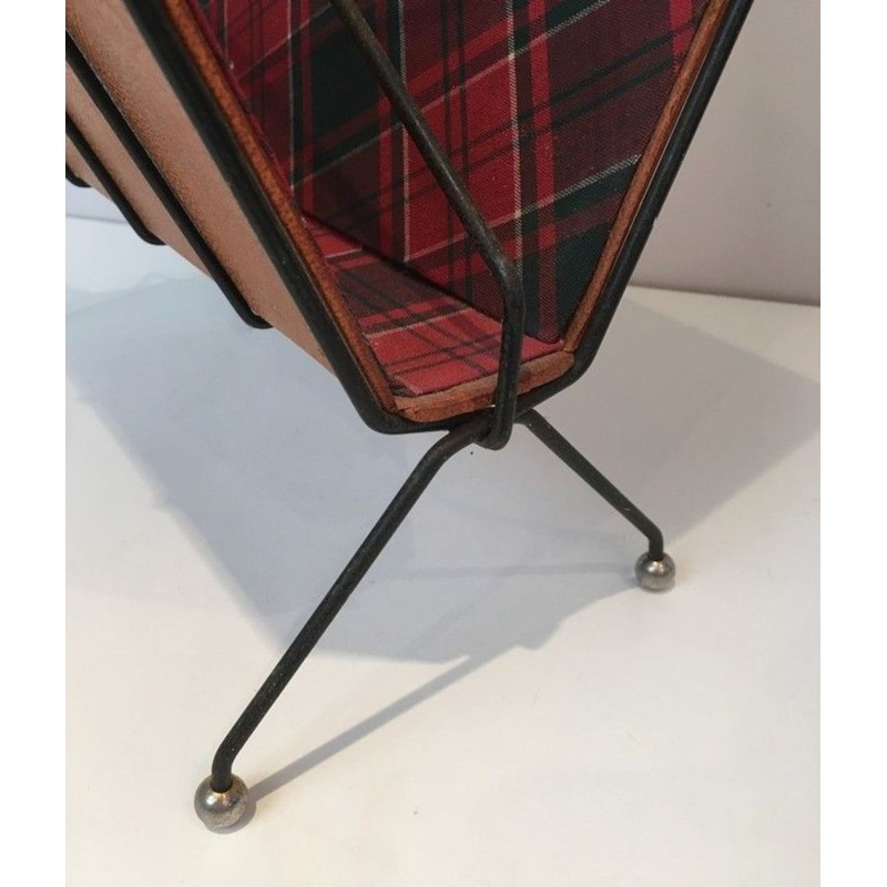 Black Lacquered Metal Leather Checked Fabric Magazine Rack French 1950