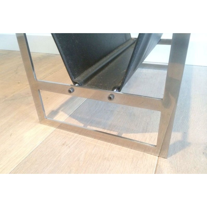 Brushed Steel Leather Magazine Rack Style Poul Kjaerholm Danish 1970