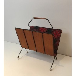 Porte-Revues Métal Laqué Noir Cuir Tissu Carreaux Français 1950