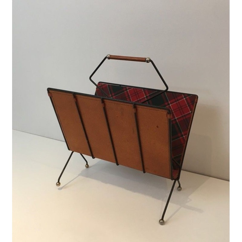 Porte-Revues Métal Laqué Noir Cuir Tissu Carreaux Français 1950